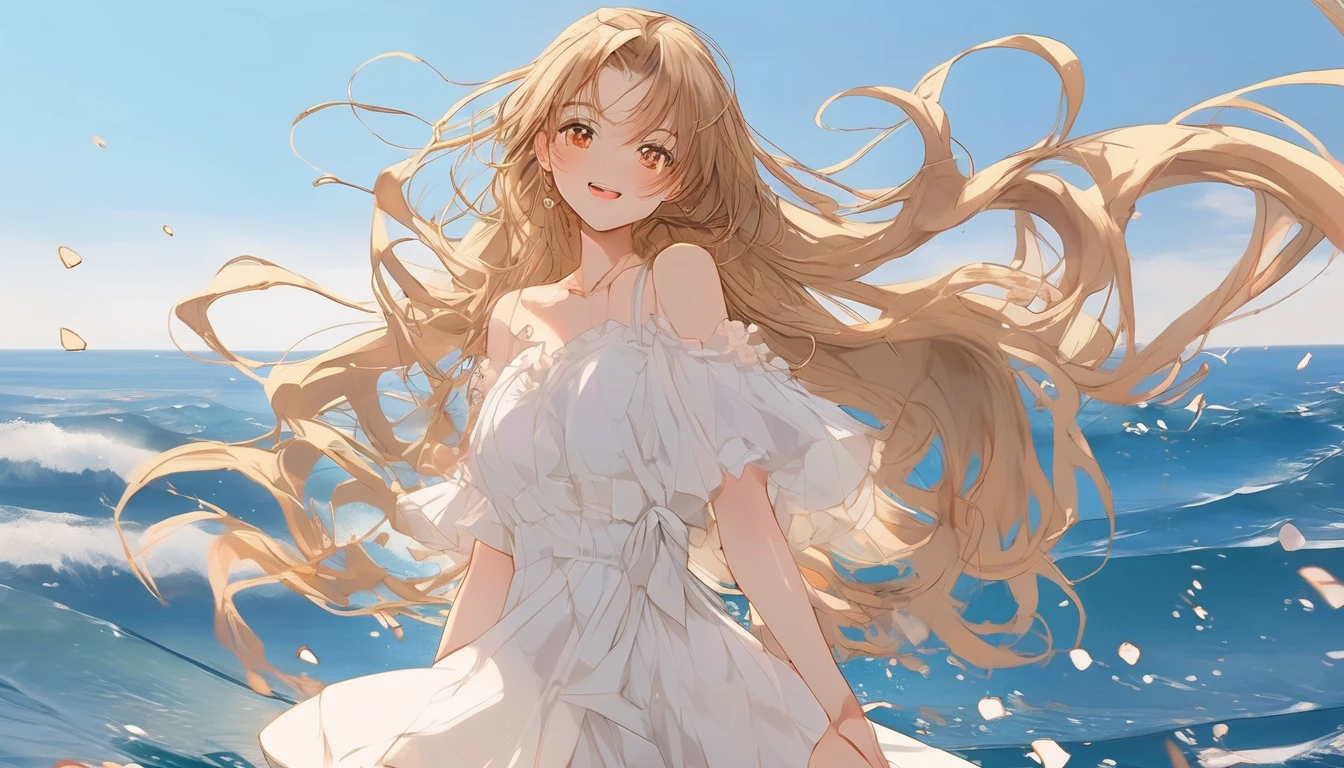 Beautiful face girl、Blonde long hair、Smiling with teeth showing、The wind is blowing, Ocean view background、Very deep background、Golden Ratio、Golden Ratio、Brown Hair, Brown eyes, Pink Mesh, Ocean, Low - Angle, Vibrant colors, White Dress, Paint splashes, Simple Background, Ray Tracing, long wavy hair、masterpiece、Super detailed、8K