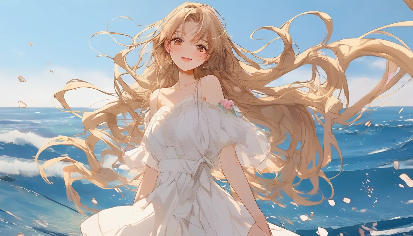 Beautiful face girl、Blonde long hair、Smiling with teeth showing、The wind is blowing, Ocean view background、Very deep background、Golden Ratio、Golden Ratio、Brown Hair, Brown eyes, Pink Mesh, Ocean, Low - Angle, Vibrant colors, White Dress, Paint splashes, Simple Background, Ray Tracing, long wavy hair、masterpiece、Super detailed、8K