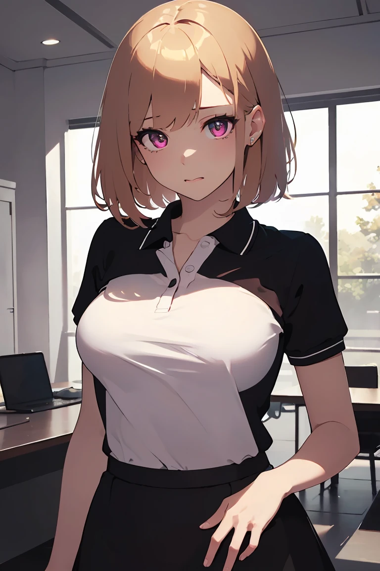 masterpiece, absurdres, best quality, ultra detailed, high Resolution, detailed illustration, bright colour, (extremely beautiful detailed face and eyes, Delicate beautiful face, 1 girl, cute face:1.3), (magenta eyes:1.1), sparkling eyes, big eyes, medium breasts, (perky breasts:1.1), (pointy breasts:1.1), medium hips, glamorous body, white skin, BREAK, long bob cut, (blonde hair:0.8), messy hair, detailed hair, shiny hair, BREAK (Polo shirt, down blouse, skinny middle skirt:1.3), perfect lighting, (embarrassed:1.3), (ecstasy, vulgarity:1.5), (trembling:0.8), Office, ol,
