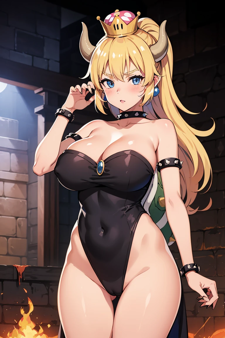 best quality, high resolution, large breasts, blonde hair, blush, embarrassed, cowboy shot, looking at viewer, bowsette, pink lip, (in a Castle with lava), (Bowser Castle), (lava)