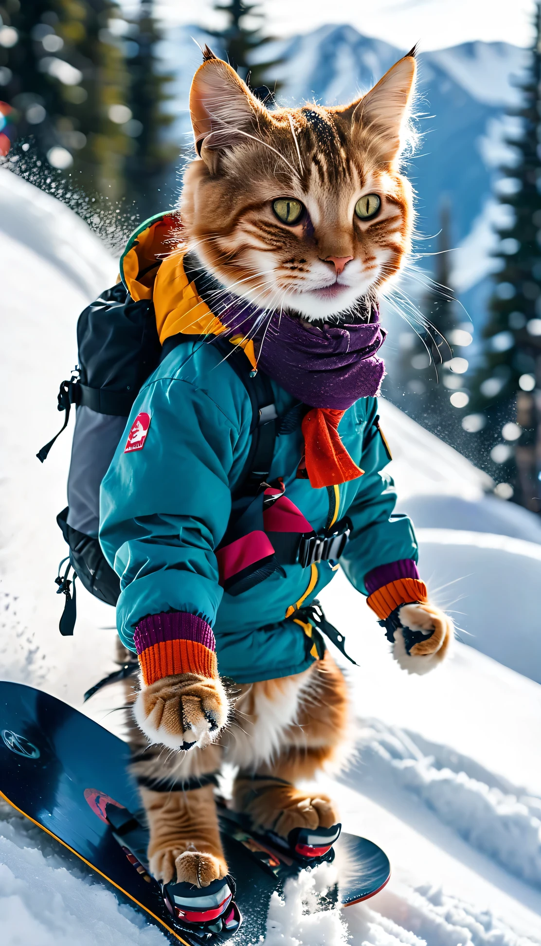 A cat wearing snowboarding gear is riding a snowboard down a snowy mountain. The cat is smiling.