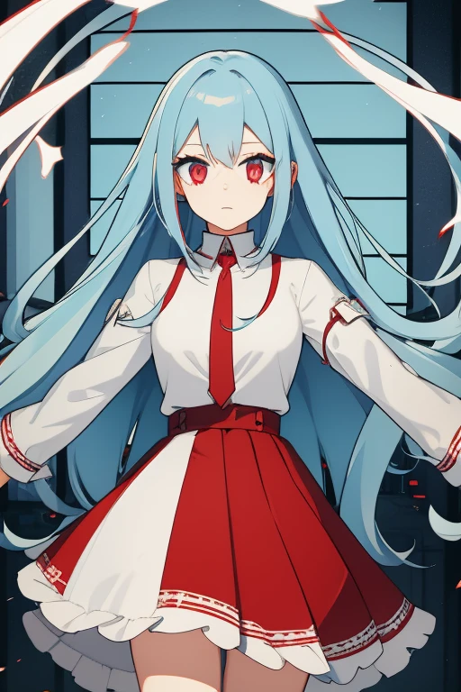 Girl long light blue hair red eyes blood white shirt denim skirt, full of glitches and error screens