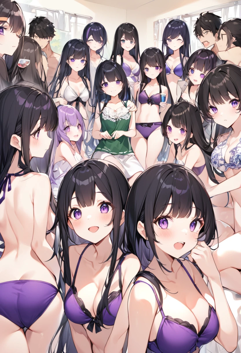 Wearing a purple bikini、barefoot。hair is black、Purple eyes。Breasts are K cup。The skin is white and、Long hair。Has one brother and one sister。My sister has an E cup。All of them have black hair。6 siblings。It's like diving into the ocean and looking at the coral reefs and fish.。in the sea。My brother is wearing a purple diving suit.。I have one older brother.。I have five sisters.。All six people, including myself。My sister is 、My brother is 15 years old