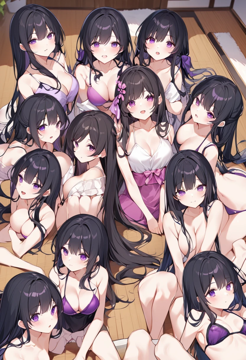 Wearing a purple bikini、barefoot。hair is black、Purple eyes。Breasts are K cup。The skin is white and、Long hair。Has one brother and one sister。My sister has an E cup。All of them have black hair。6 siblings。It's like diving into the ocean and looking at the coral reefs and fish.。in the sea。My brother is wearing a purple diving suit.。I have one older brother.。I have five sisters.。All six people, including myself。My sister is 、My brother is 15 years old