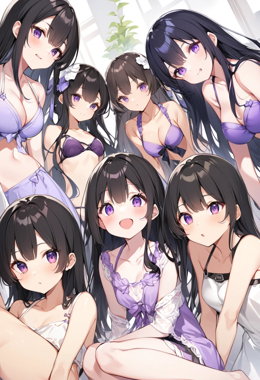 Wearing a purple bikini、barefoot。hair is black、Purple eyes。Breasts are K cup。The skin is white and、Long hair。Has one brother and one sister。My sister has an E cup。All of them have black hair。6 siblings。It's like diving into the ocean and looking at the coral reefs and fish.。in the sea。My brother is wearing a purple diving suit.。I have one older brother.。I have five sisters.。All six people, including myself。My sister is 、My brother is 15 years old