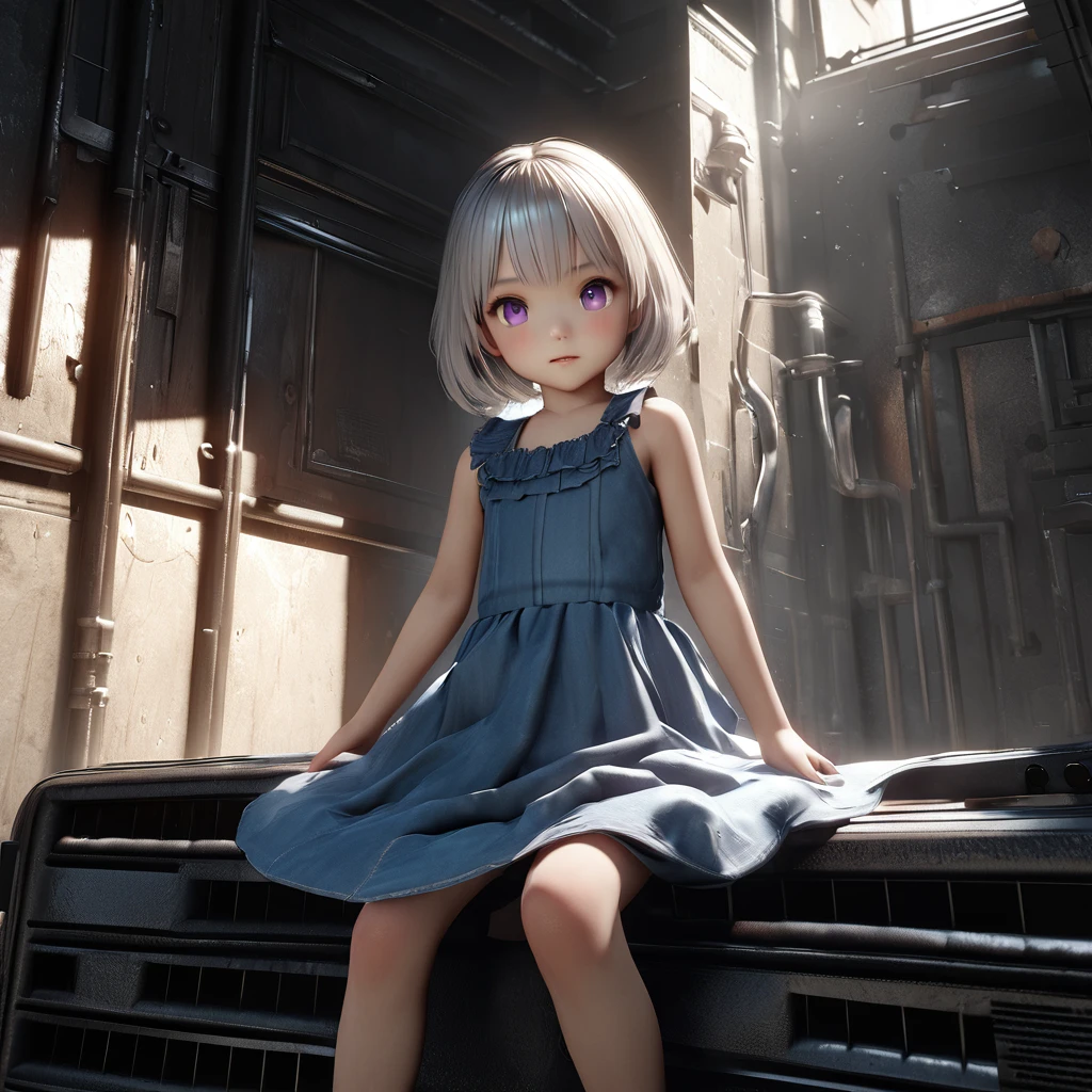masterpiece, Highest quality, Very detailed, High resolution, An expensive solution, High resolution, 4K, 8K, ユニティ 8K 壁紙, Very detailed CG, masterpiece, Realistic, 2D, 3d, Beautiful details, depth, Fine texture, Super quality: 1.3, Fully focused, Crispy.skin, .he, Very cute anime girl about 3 , Expensive silver short hair, Girl about 3 years oldpretty blue dress, blush, Mole, Part your lips, hair ornaments, heart, Purple eyes、Hold a condom in your mouth、A defiant smile、Lifting her skirt, a dark alley、Sit on the air conditioner's outdoor unit、Crotch close-up、Angle from below、underwear