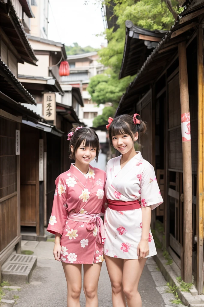 2 girls standing in old-Japanese street,floral pink yukata with red obi,18-year-old,bangs,a little smile,thighs,knees,short hair and low pigtails with red ribbon bow,from before,front light