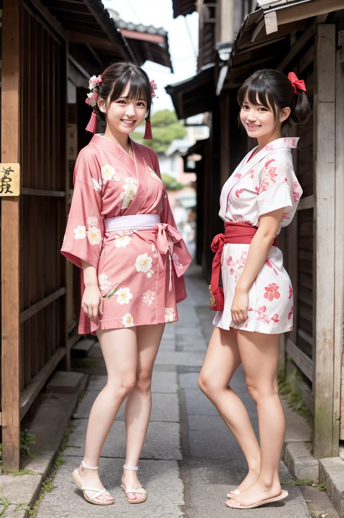 2 girls standing in old-Japanese street,floral pink yukata with red obi,18-year-old,bangs,a little smile,thighs,knees,short hair and low pigtails with red ribbon bow,from before,front light