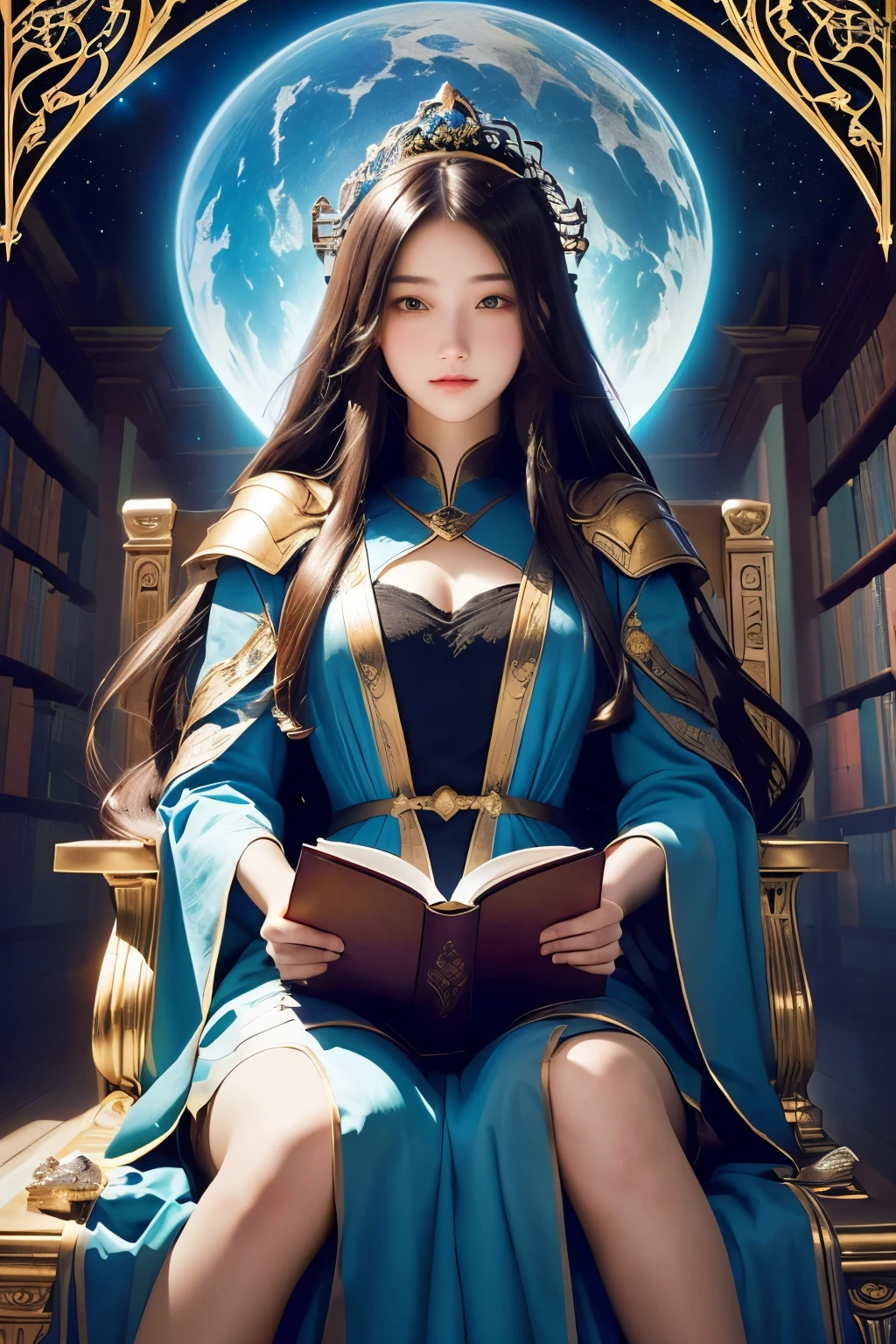 Girl with long hair holding a book in hands, Infinite Celestial Library, great view, Epic Light Novel Art Cover, Magic realism and dark fantasy, A throne lies in a fantasy land