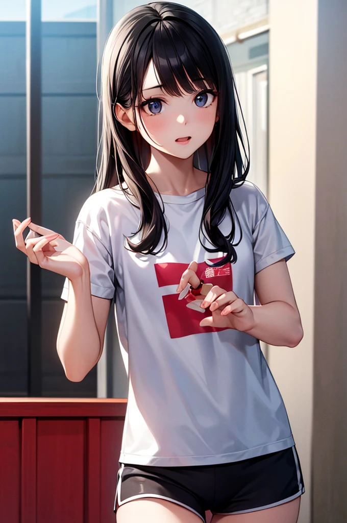 (8K, RAW photograph, Highest quality, masterpiece:1.3),(Genuine,photograph:1.37),(Black Hair),Pause,One girl,Very beautiful face,cute,(small),(Hands down))),Poggy Hairstyle,Random representation,(White T-shirt),ＪＫ_style,(Track Shorts) ,Black Hair,(19 years old),moderate,Five Fingers,Normal hand,small Mouth,Straight hair
