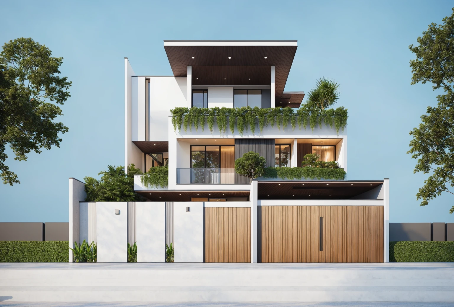 PLATFORM KTHOUSE, 1 morden villa, slope roof, main material of villa about build color wall:1.2 glass panel:1.1 and stone:1.2, 1large yard, 1 road runs in front of the house, (RAW photo, real, best quality, masterpiece:1.2), look morden minimalist, 1 road in front of the house, dynamic lighting:1.3, (hyper realistic, photo-realistic:1.2), high quality, (dark lighting:1.2), perfect lighting, archdaily, no human, ánh sáng lúc 12 giờ trưa, light in door:1.2