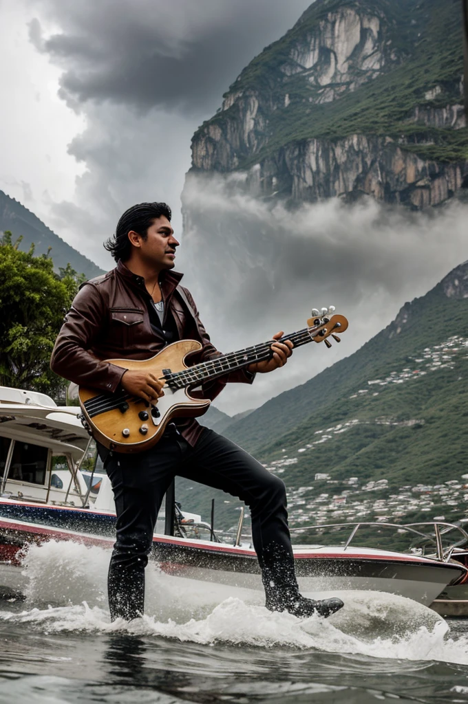 Bass player in a mountain town Monterrey Mexico flooded by a hurricane sailing with his bass making tunes on a boat