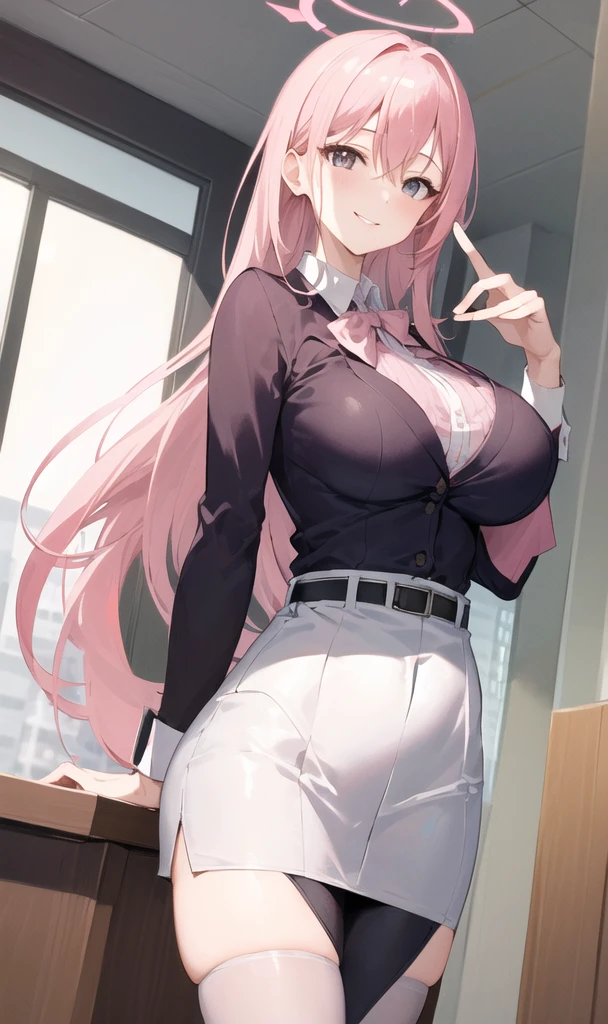 ((masterpiece, best quality)), (1girl),((mature female)), lightpink hair, halo, horn, ((office lady )),bangs,middle breast,(busty),slim,smile, [wide hips],office,standing, aru \(blue archive\),