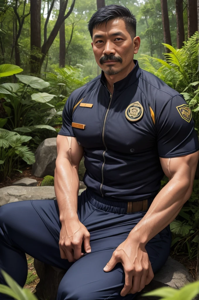 Authentic style，A strong security guard lost in the forest，坐在Stone上，Creek边，outdoor，Sitting，40 year old asian man，Looking at the camera，Legs open，Place your hands behind your body，Moustache，Short beard，（Security suits），Security suits开襟，A kind expression，Kind uncle，A polite greeting，Black short hair，Very short hair，Brown skin，Wet clothes，Muscles fill up clothes，Strong muscles visible through clothes，Huge body，Mermaid Line，Trousers，Pants are damaged，(There&#39;s a giant oyster mushroom in my pants)，Leg hair，Thick body hair，Black body hair，Leg hair，sandals，toe，full-body shot，Real person photos，Correct anatomical shape of the limbs，Full body shot，Fine skin texture，Stone，Creek，Soft Light，Low contrast images，Highest quality，4k quality，