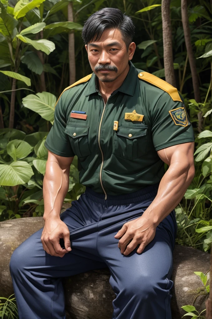 Authentic style，A strong security guard lost in the forest，坐在Stone上，Creek边，outdoor，Sitting，40 year old asian man，Looking at the camera，Legs open，Place your hands behind your body，Moustache，Short beard，（Security suits），Security suits开襟，A kind expression，Kind uncle，A polite greeting，Black short hair，Very short hair，Brown skin，Wet clothes，Muscles fill up clothes，Strong muscles visible through clothes，Huge body，Mermaid Line，Trousers，Pants are damaged，(There&#39;s a giant oyster mushroom in my pants)，Leg hair，Thick body hair，Black body hair，Leg hair，sandals，toe，full-body shot，Real person photos，Correct anatomical shape of the limbs，Full body shot，Fine skin texture，Stone，Creek，Soft Light，Low contrast images，Highest quality，4k quality，