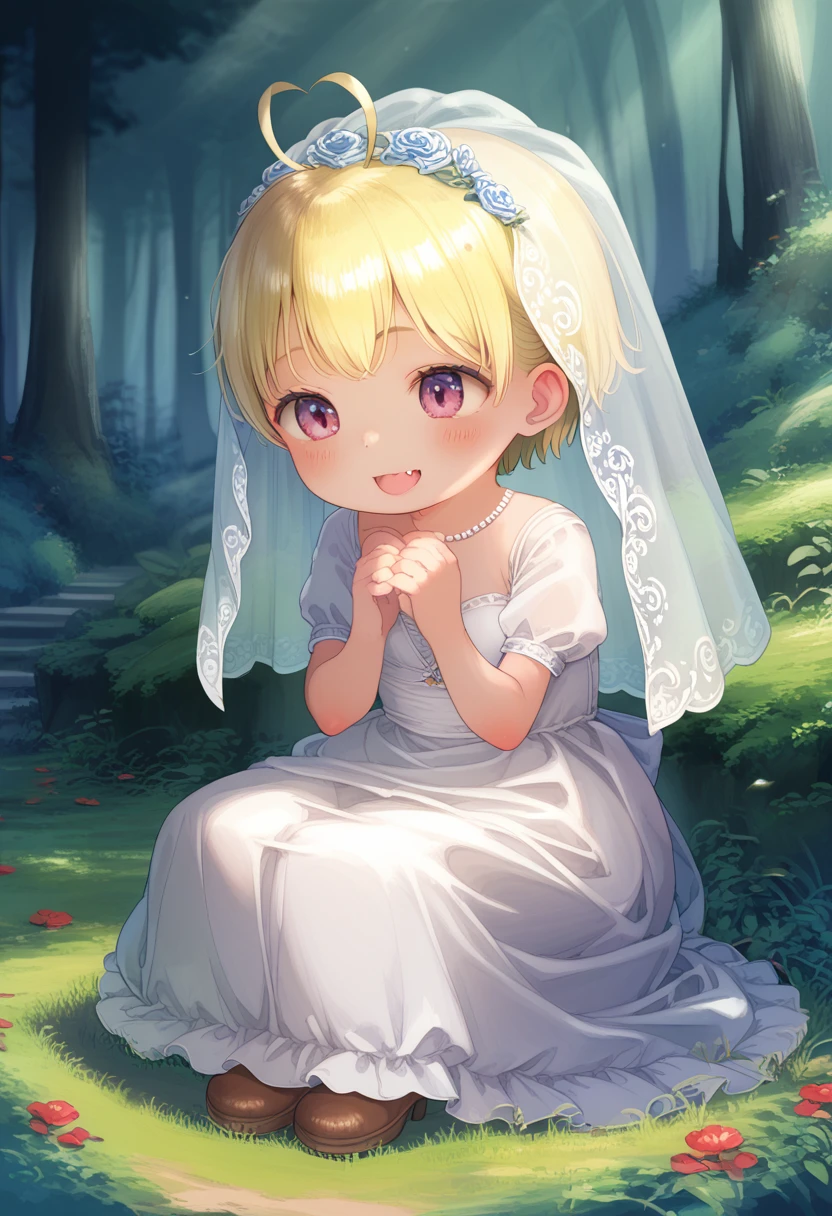 score_9, score_7_up, score_6_up, source_cartoon, source_anime,1girl,breathtalking Scenery,watercolor,smooth soft skin, natural skin,
BREAK
(little female child:1.8), (loli:1.8), 4 years old, (loli toddler:1.1),flat chest,baby face,oily skin, ultra cute face, happy smile,beautiful eyes, detailed eyes
BREAK
(short blond hair:1.6) messy hair,(fang:1.1), (pink eyes:1.1), puffy eyes, antenna hair,double tooth,(blond hair:1.1),
BREAK
(empire-Line wedding dress:1.1),(silk veil:1.3),high heel,silk cape,
BREAK
In a secluded setting, surrounded by a dense forest, the bog lay hidden like a secret gem, its misty surface whispering tales of ancient times,dynamicangle,dynamicpose,action,