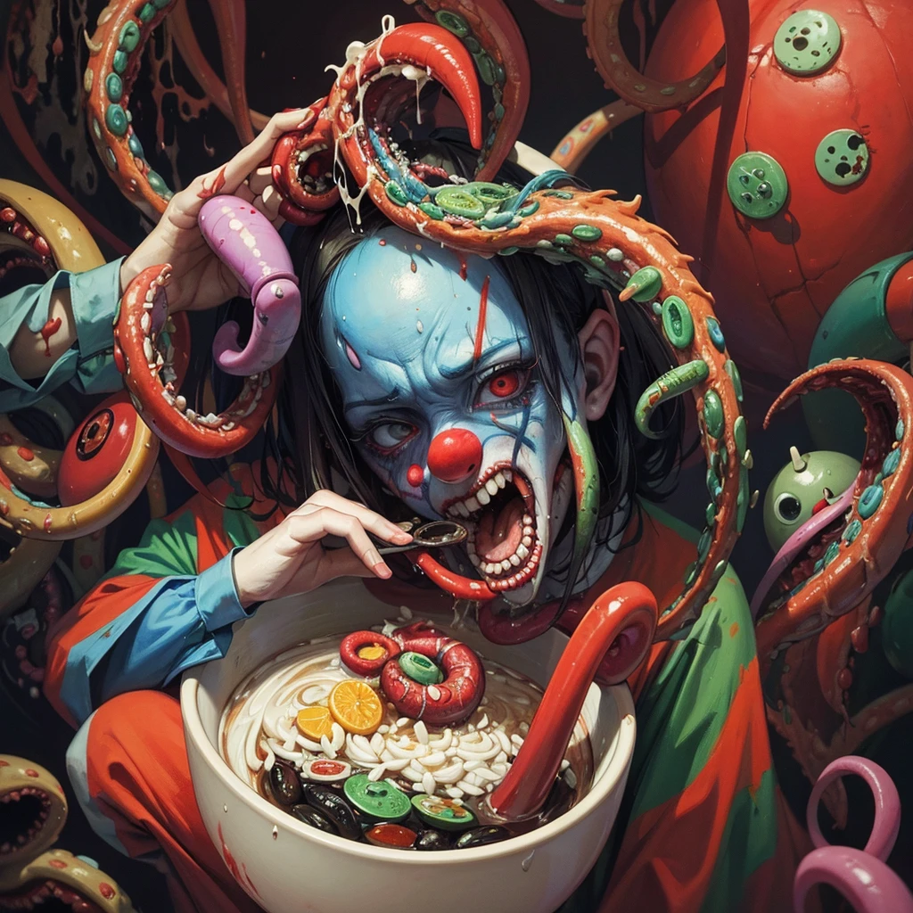 anime model , a painting of a zombie eating a bowl filled with various pharmaceutical PILLS, a hyperrealistic painting, by Jason Edmiston, cutecore clowncore, mixture of creatures with tentacles, horror wallpaper aesthetic, greg beeple, clown, art representing control freak , cutout, art blotter, rendering, horrifying