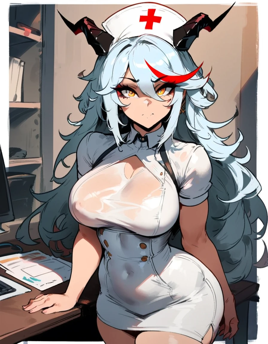 1girl, aegir \(azur lane\), azur lane \\\\\ masterpiece, best quality, very aesthetic, absurdres, newest \\\\\\ sportive body,  \\\\\\ by nyantcha,,by cutesexyrobutts,by khyle ///// white hair with a single prominent red streak, black horns, yellow eyes,  , white (nurse outfit:1.2), skirt, , white pencil skirt, nurse cap, , , a red cross on the cap, standing, white background