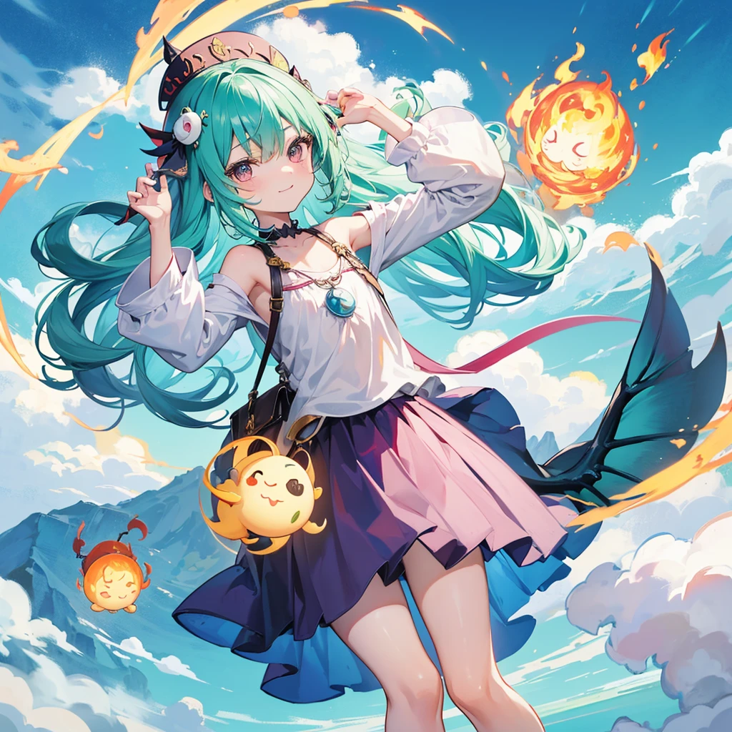 Create an original "yuru-chara" mascot character inspired by a baby dragon. The character should be a small, round dragon with soft, pastel-colored scales and tiny wings. It has big, curious eyes and a playful smile. The dragon is wearing a tiny, cute hat and has a little flame coming from its mouth. The character exudes a playful and adventurous personality, making it perfect for a fantasy-themed park or story. The background should be a simple magical cave or mountain setting.