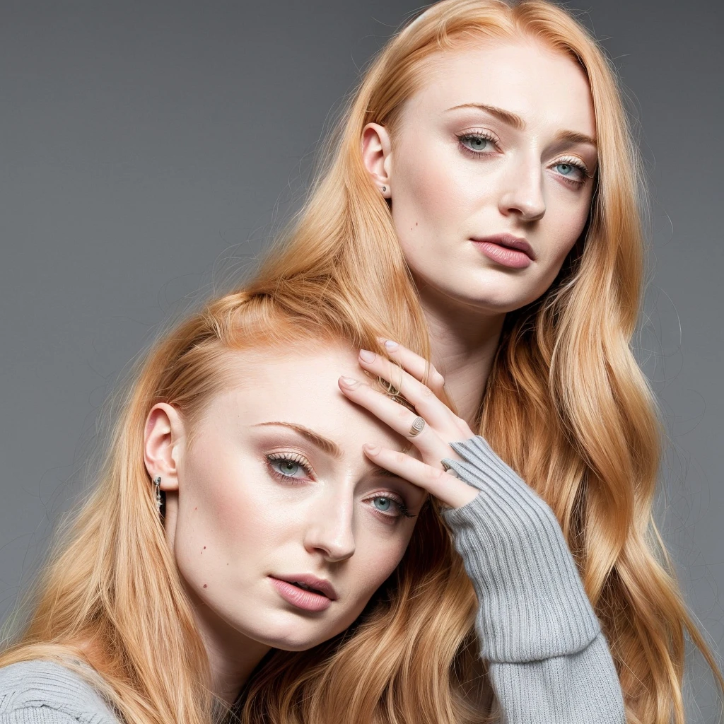 Sophie Turner in casual clothes, full upper body, high quality, photorealistic, hyperrealistic, 1 woman solo