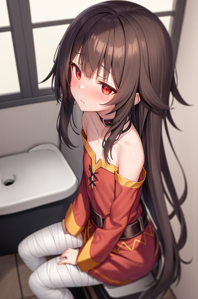 Megumin, One girl，alone，Short and long hair，Brown Hair，Red Eyes，Small breasts，clavicle，Red dress，Gold border，Black choker，Bandage on leg，Black ugly panties，Sitting shyly，Spread your legs，Western-style toilet，Toilet，Inside the private toilet，