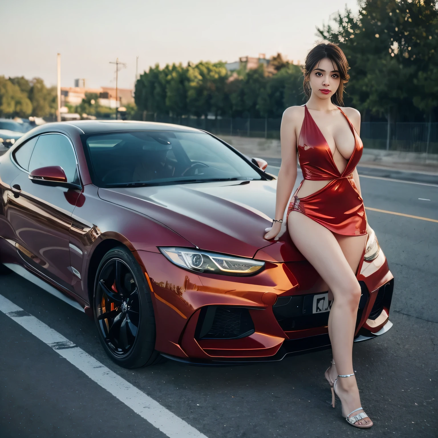 A car, sports car, red, streamlined, new, best quality, masterpiece, high resolution, female driver, in sexy pajamas, good figure --auto