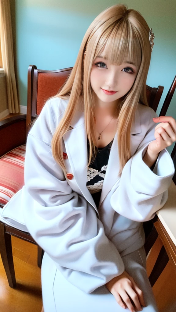 Realistic , photorealistic , masterpiece , best quality , super quality , ((ultra detailed)), extremely detailed , highers , Raw Photo , 16k portrait , curvy , big Smile , full body , Beautiful and pretty hair , ultraserious , (investigation) , White coat , Side angle , (Research Institute) , Sitting in a chair