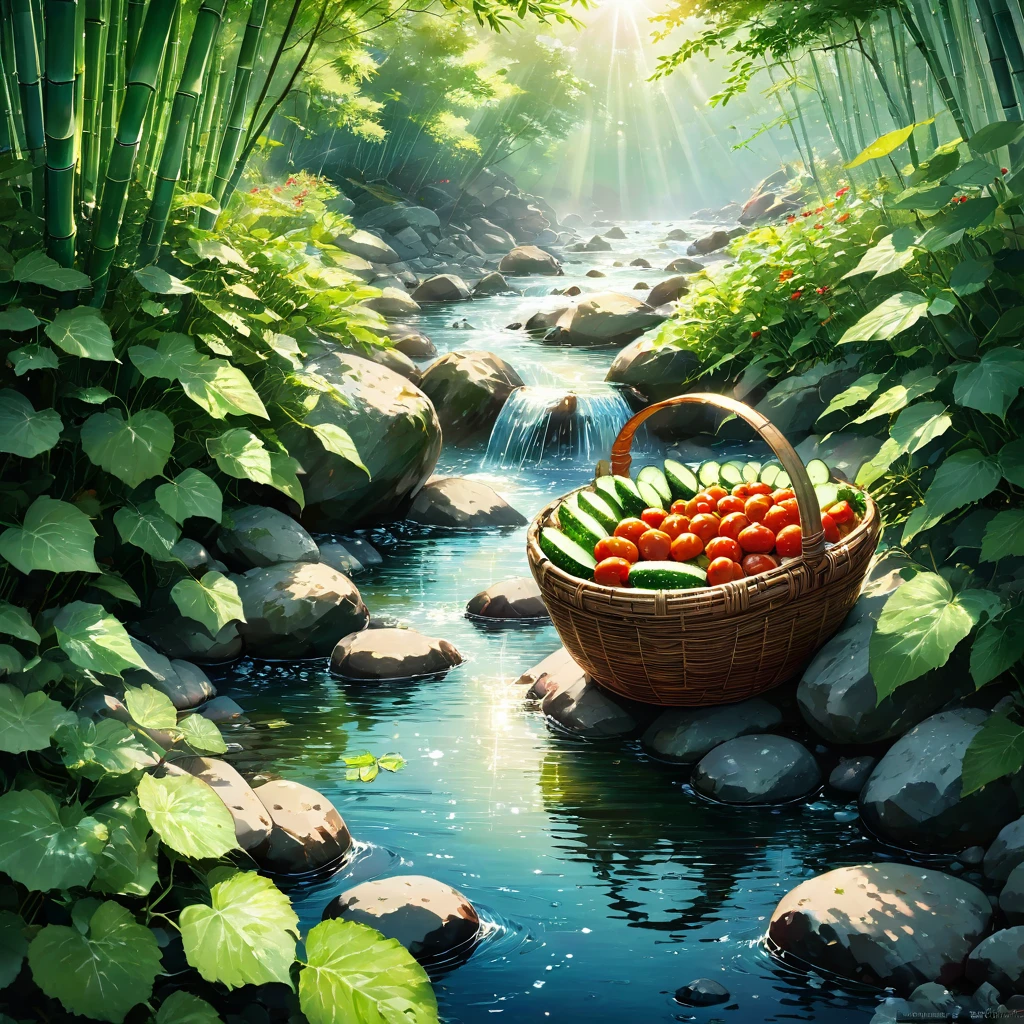 A weathered bamboo basket, laden with plump cucumbers and ripe tomatoes, rests gently on smooth rocks in a crystal-clear mountain stream. The cool, rushing water flows over the vegetables, creating a mesmerizing dance of light and shadow. Sunlight filters through the leaves of the surrounding trees, dappling the scene with warm hues. The air is alive with the sound of the gurgling water and buzzing insects, a symphony of summer serenity. beautiful anime scenery, landscape painting, beautiful digital painting, andreas rocha, illustration of beautiful artwork, amazing wallpaper, raymond swanland, tall beautiful painting, studio ghibli makoto shinkai, beautiful wallpaper, anime scenery refreshing, nostalgic, summer, japan, nature, no humans