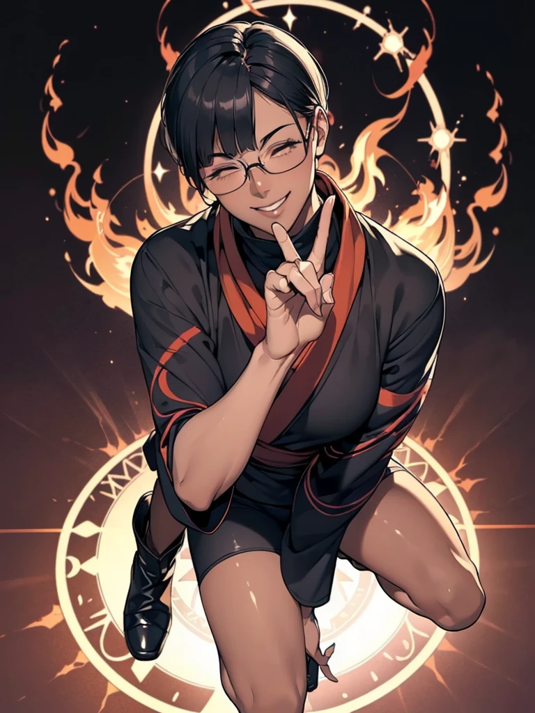 (flat chest:), (masterpiece:1.2), highest quality, High resolution, unity 8k wallpaper, (fine and beautiful eyes:1.6), highly detailed face, perfect lighting, Detailed CG, (perfect hands, perfect anatomy), (1 boy solo:1.4), 20 years old, black hair, extremely beautiful detailfeminine face and eyes, (evil smile:1.4), detailed eyes, best quality,( dark skin:1.8), (turtleneck shirt under yukata:1.2), (bike shorts:1.2), extremely detailed, very precise detailed, (glasses:1.3), blunt bangs, open mouth, (very short pixie cut:1.2), boots,fingerless gloves, smile, (half closed eyes:1.5),(burning fire background:1.3), ,(squat in magic circle on ground:1.1) ,night sky,long sidelocks,(long red Scarf),(yukata),(squatting),(acrobat pose:1.3),(squat:1.3),leaning forward,(one knee dwon:1.5),(Put one foot in front:1.3),(stylish pose:1.4),(Raise only index finger:1.1),(Joining hands:1.5),(retro artstyle:1.2), (1990s \(style\)),(1 magic circle on ground only:1.3),(from above:1.2)
