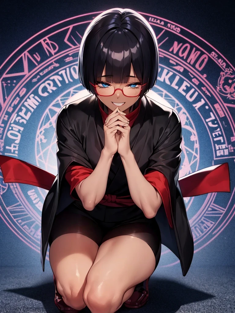 (flat chest:), (masterpiece:1.2), highest quality, High resolution, unity 8k wallpaper, (fine and beautiful eyes:1.6), highly detailed face, perfect lighting, Detailed CG, (perfect hands, perfect anatomy), (1 boy solo:1.4), 20 years old, black hair, extremely beautiful detailfeminine face and eyes, (evil smile:1.4), detailed eyes, best quality,( dark skin:1.8), (turtleneck shirt under yukata:1.2), (bike shorts:1.2), extremely detailed, very precise detailed, (glasses:1.3), blunt bangs, open mouth, (very short pixie cut:1.2), boots,fingerless gloves, smile, (half closed eyes:1.5),(burning fire background:1.3), ,(squat in magic circle on ground:1.1) ,night sky,long sidelocks,(long red Scarf),(yukata),(squatting),(acrobat pose:1.3),(squat:1.3),leaning forward,(one knee dwon:1.5),(Put one foot in front:1.3),(stylish pose:1.4),(Raise only index finger:1.1),(Joining hands:1.5),(retro artstyle:1.2), (1990s \(style\)),(1 magic circle on ground only:1.3),(from above:1.2)
