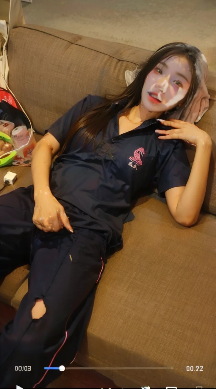 Songkran, wet street , A very realistic girl, wet soaked, drop, wet clothes, wet skin, wet hair, 8k, Masterpiece, realistic, beautiful,purple efficiency,Navy trousers,wet:1.5,dirty white powder