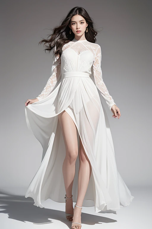 highest quality、4K、Beautiful lady、Perfect Face、Perfect Style、perfect body、Sunburn、beautiful lady、mature、long curly layer brown hair、Swept-back hair、full body, sexy 、charming、healthy、of the highest quality、8K、She is wearing a long, elegant white dress with long sleeves, featuring a high slit that reveals one of her legs as she strides forward.
BREAK (Abstract shapes, deep grayscale tones, polygon fragments, geometric patterns, low-light monochrome background, polygonal shadows, composition of straight lines and sharp angles, facet of modern art, deep textured base for digital art, minimalist style, dynamic contrast of light and shadow, contemporary graphic design, background for visual concepts, upscale matte finish, meticulous attention to detail)