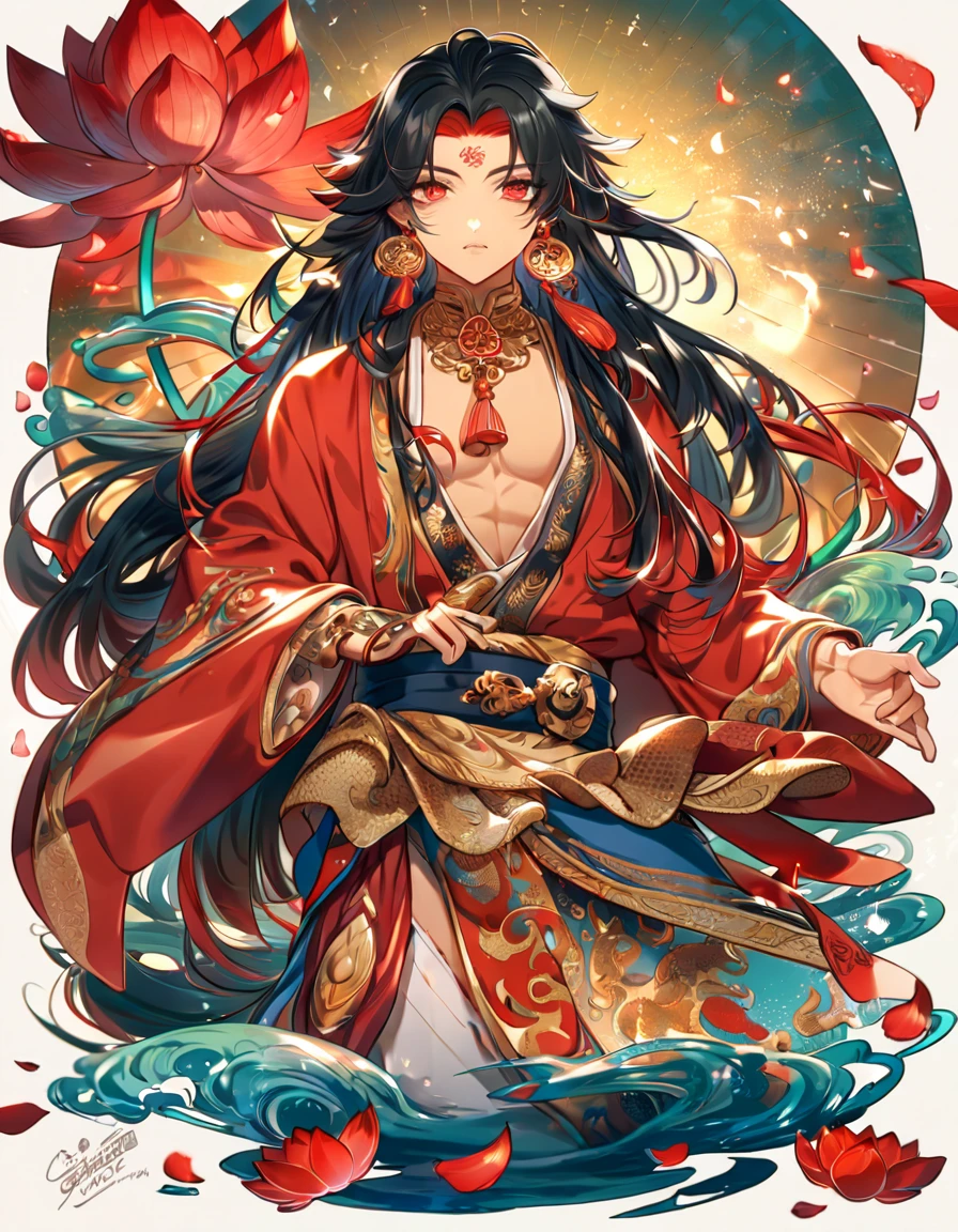 (absurdres, highres, ultra detailed, HDR) master piece, best quality, delicated features, Asura, black long hair, untamed hair, expressive red eyes, Onmyoji, red mark on the forehead, solo, sexy man, handsome, tanned skin, toned chest, red haori, with accessories, lotus earrings, patterns, water, magical fantasy, red butterflies, red lotus, petals