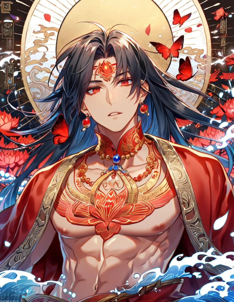 absurdres, highres, ultra detailed, HDR) master piece, best quality, extremely detailed, detailed face, detailed eyes, delicated features, tanned skin, Asura, black long hair, expressive red eyes, Onmyoji, solo, sexy man, handsome, lotus earrings, golden necklace, golden bangle bracelets, red haori, showing the chest, red tattoo, fantasy, magical, glittering, red flames, blue moon, red flowers, red butterflies, garden