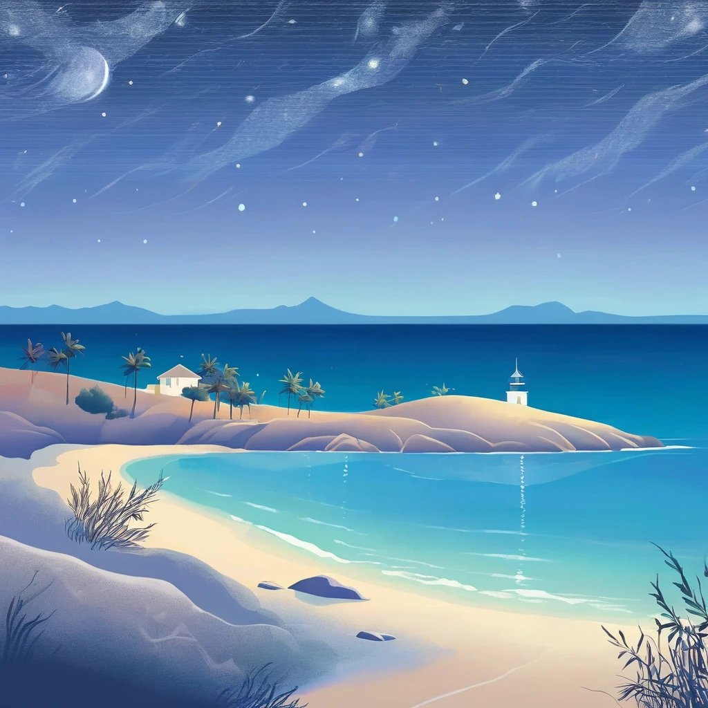 Under the serene glow of a full moon, a tranquil sea stretches out into the horizon. The moonlight casts a silver sheen over the gentle ripples of the water, creating a shimmering path that seems to lead to the moon itself. Soft waves lap at the shore, whispering secrets to the night. In the distance, silhouettes of small islands and rocks break the smooth line of the horizon. The sky is clear, with stars scattered like diamonds. This peaceful nocturnal seascape exudes calm and quiet beauty, inviting contemplation and a sense of wonder.
