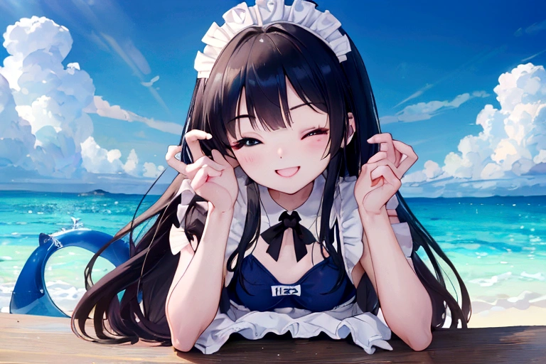 ((masterpiece、4K、8K、Highest quality: 1.Perfect Fingers: 1.Perfect Anatomy: 1.3、Background Blur))、((Ultra-precise expression))、((16 years old、thin、Small face、Super Beauty、Straight Long Hair))、((I like rumors、Maid Swimsuit:1.3))、barefoot、Cute eyes:1.1、(Smile with one eye closed:1.3)、(whole body:1.5)、(Crouch down facing forward)、blue sky、Hot sunshine、White sand beach、