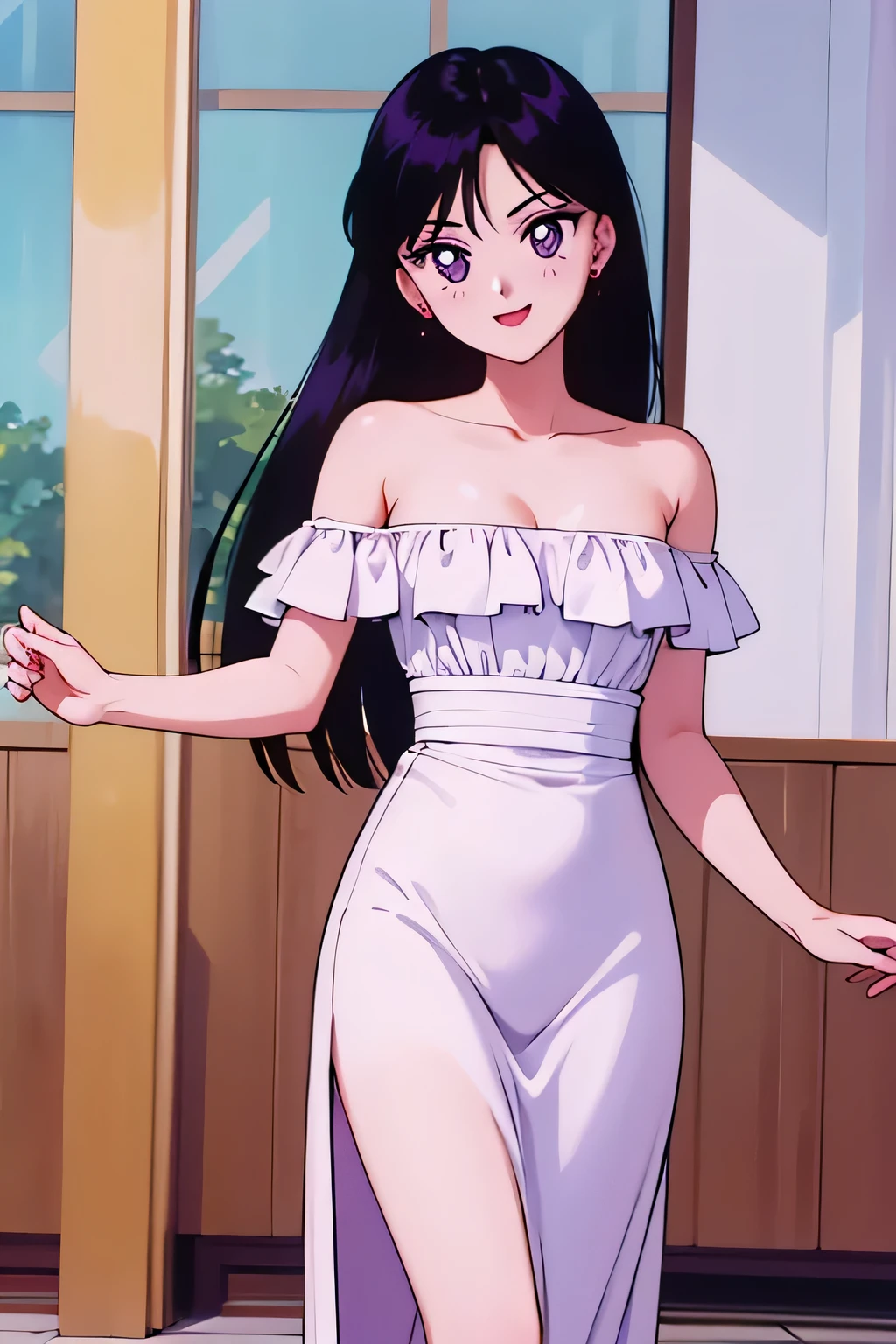 1 girl, solo, Rei Hino, Long Black Hair, Purple eyes, bare shoulders, strapless, off shoulders, white ruffle off the shoulder maxi dress, smile, ballroom, columns, cowboy shot, facing viewer, absurdres, ultra detailed, masterpiece, best quality, Teenager, window of a purple sundown