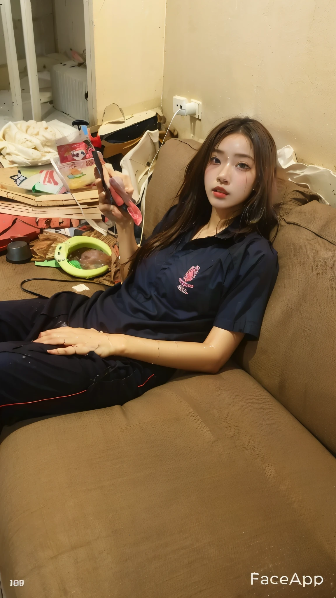 Songkran, wet street , A very realistic girl, wet soaked, drop, wet clothes, wet skin, wet hair, 8k, Masterpiece, realistic, beautiful,purple efficiency,Navy trousers,wet:1.5,dirty white powder