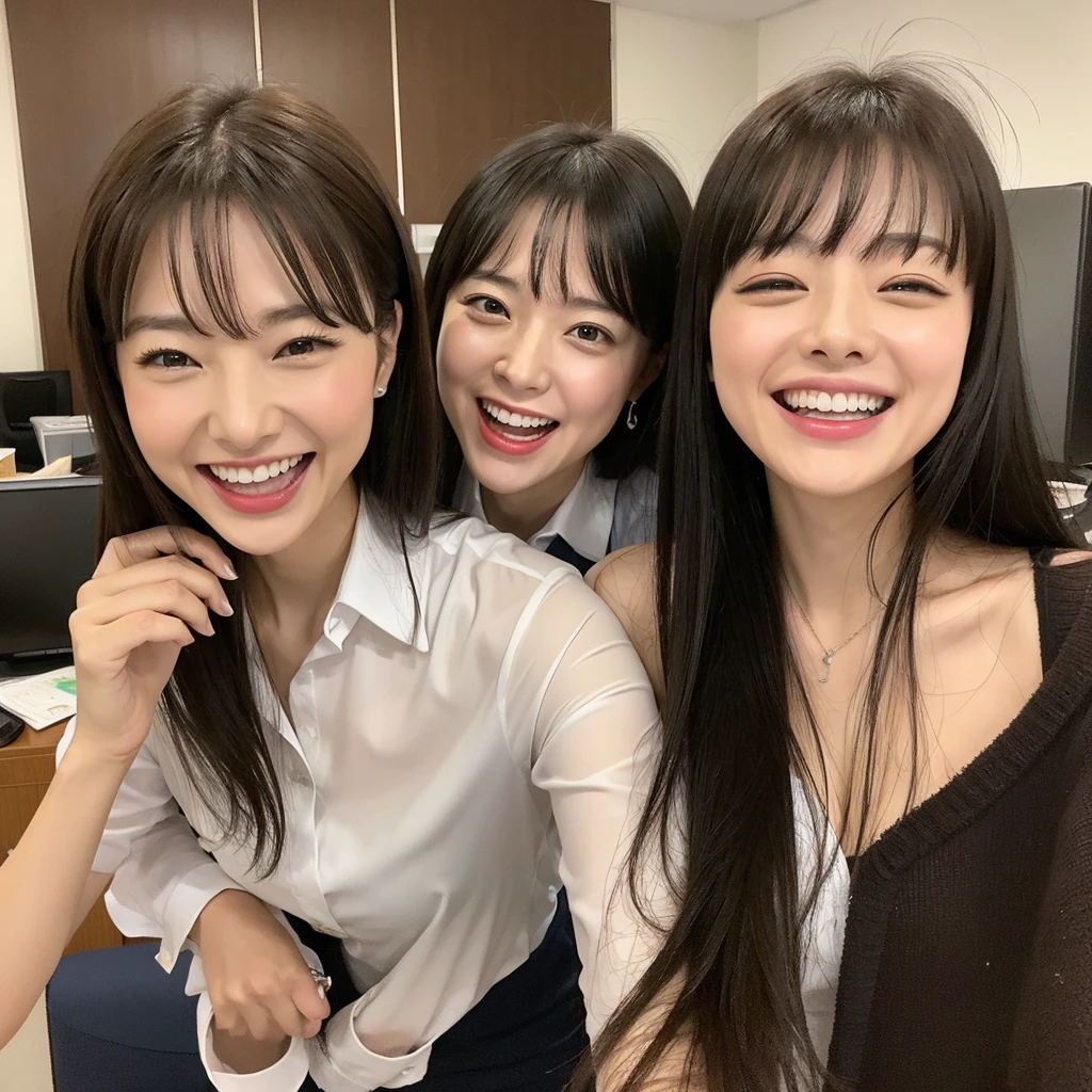 Laughing Japanese office lady、office、masterpiece, Highest quality, Photorealistic、Laughing with your mouth open、Smiling at the camera