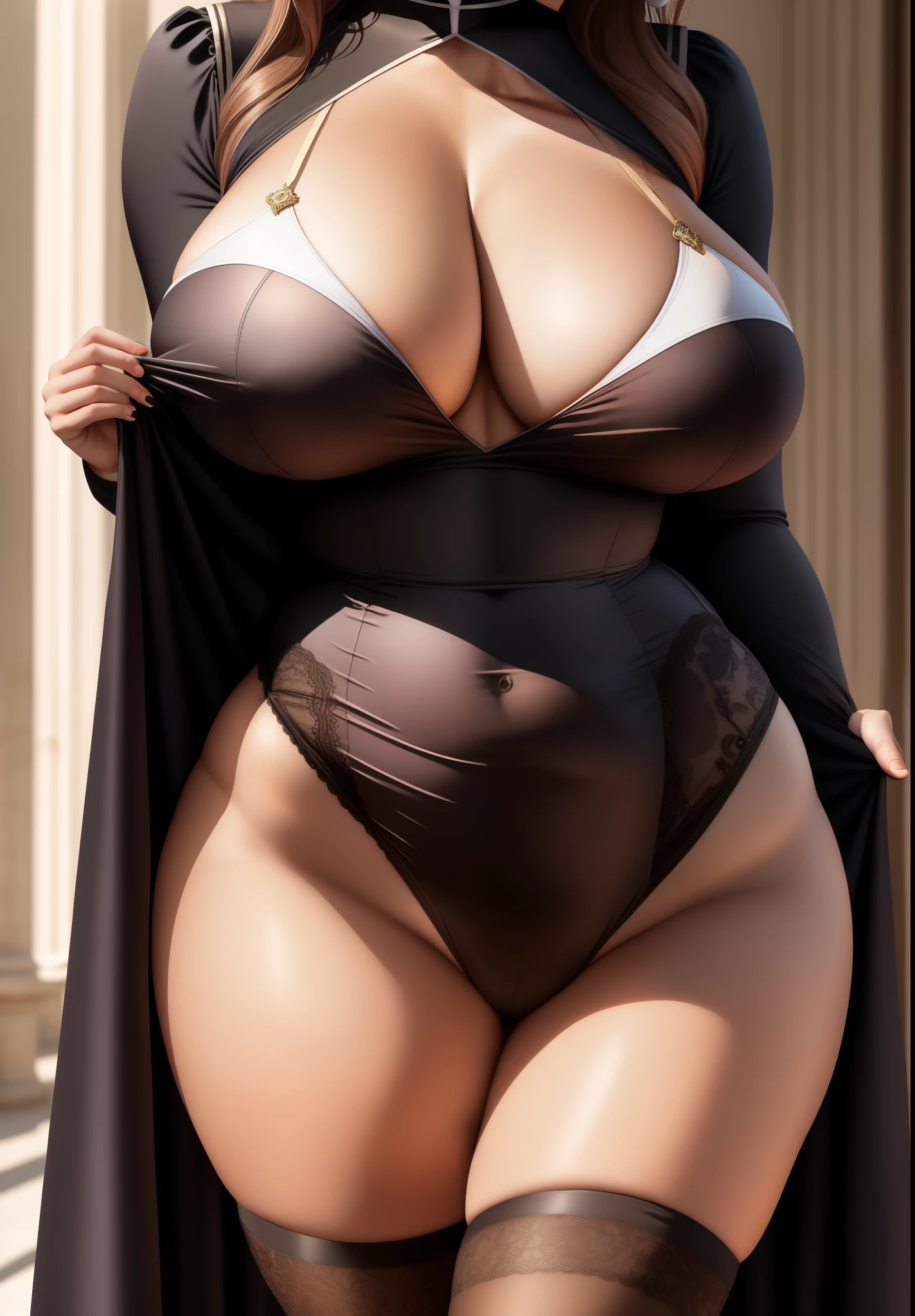 Woman in cameltoe dress ultra detailed, huge and attractive goddess nun with short and provocative neckline showing the (breasts), (sexy), (ultra detailed), (((huge breasts)))), large breasts swatch goddess nun