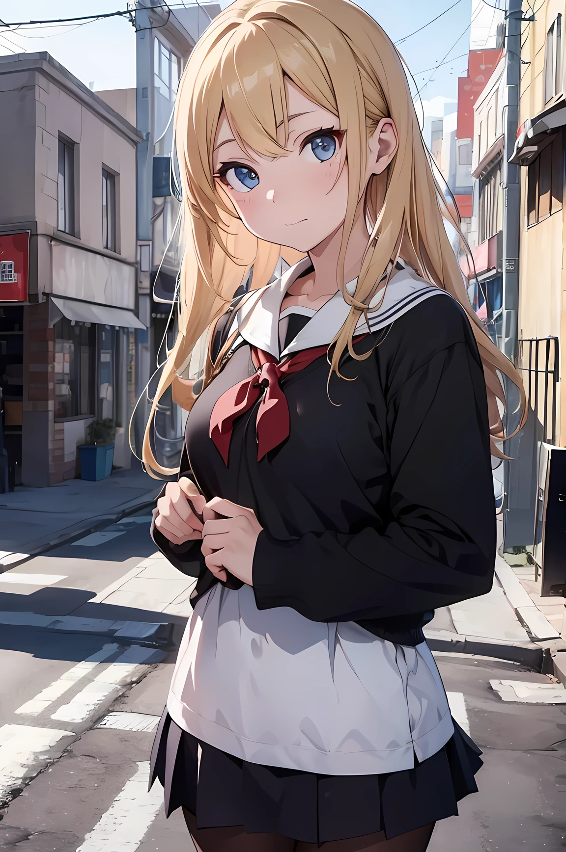 Beautiful modern fashion girl is on the street, cinematic style,8k resolution, good hands, intricate anime, good, best image, eyeballs,nase, mouth are realistic details,hair blonde; dynamics, bonitsa, anime 4k, dressed in school clothes