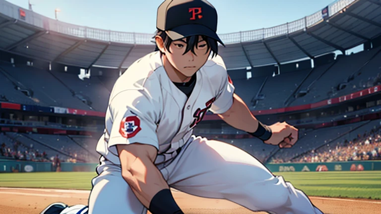 "Create a realistic image of Takefusa Kubo playing as a shortstop in a baseball game. He should be wearing a professional baseball long pants uniform, He should be wearing a professional baseball glove,wearing a professional baseball cap,positioned in the infield ready to field a ground ball or make a throw to first base. The background should feature a baseball field stadium of fans. 