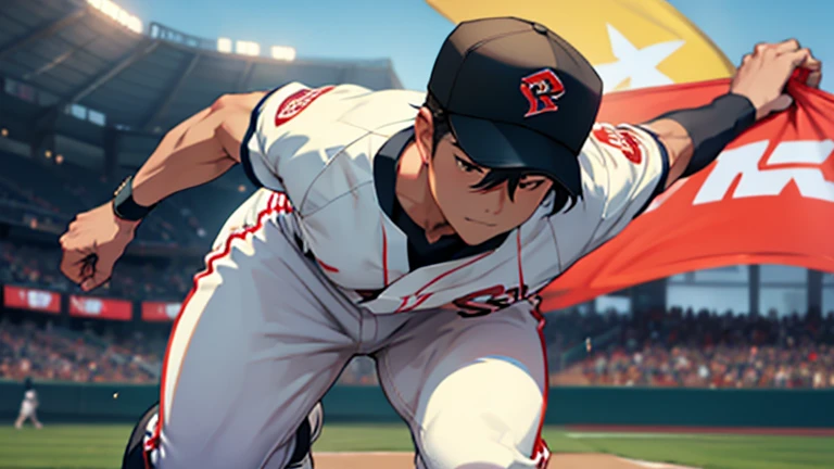 "Create a realistic image of Takefusa Kubo playing as a shortstop in a baseball game. He should be wearing a professional baseball long pants uniform, He should be wearing a professional baseball glove,wearing a professional baseball cap,positioned in the infield ready to field a ground ball or make a throw to first base. The background should feature a baseball field stadium of fans. 