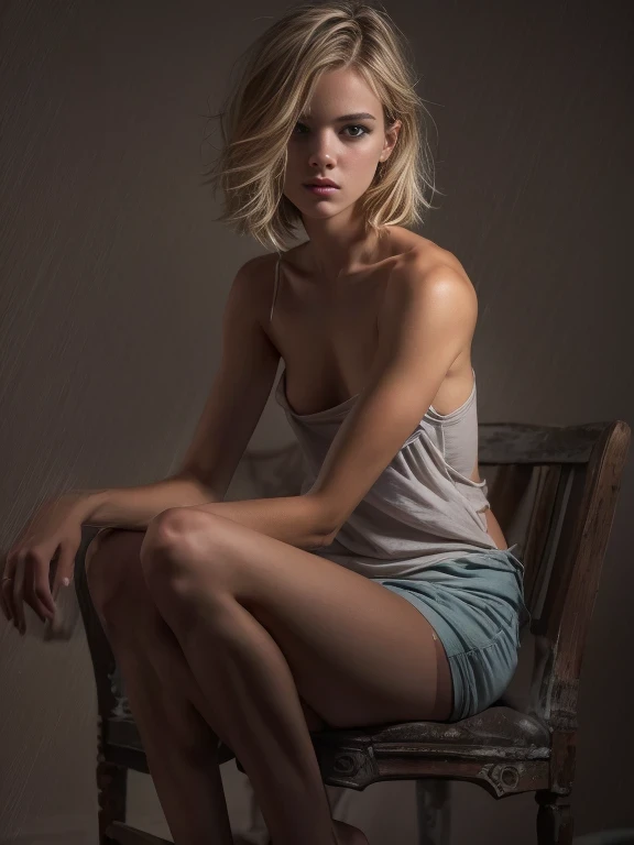 A young 19 years old girl, half body shot, blonde hair, very small breasts, flat chested, runners skinny body, sitting on a cozy chair (best quality:1) , (masterpiece:1), (ultra detailed:1), photorealism, upper body, (looking at viewer:1.1), (indoors, night, darkness, dark room:1.2) side on, short hair, atmospheric lighting, moody and gritty, low key lighting