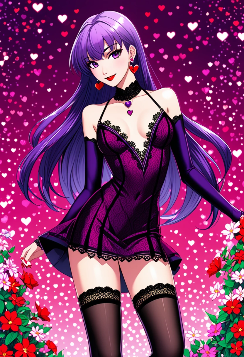 (anime, masterpiece, intricate:1.1), bright violet lipstick, summer aestetic background, comics_darkstalkers_morrigan_aensland, 1girl, Slender hips, slim stomach, thin waist, sexy posing, back view, aesthetically pleasing rear view, looking at viewer, medium breasts, slim body, violet hair, violet eyes, skimpy silk-lace dress, long hair, black garter stockings, symmetrical stocking size, very short mini skirt, lingerie, heart shaped earrings, girly decorations, solo, flowers, modest smile, bright red lipstick, painted nails (red)