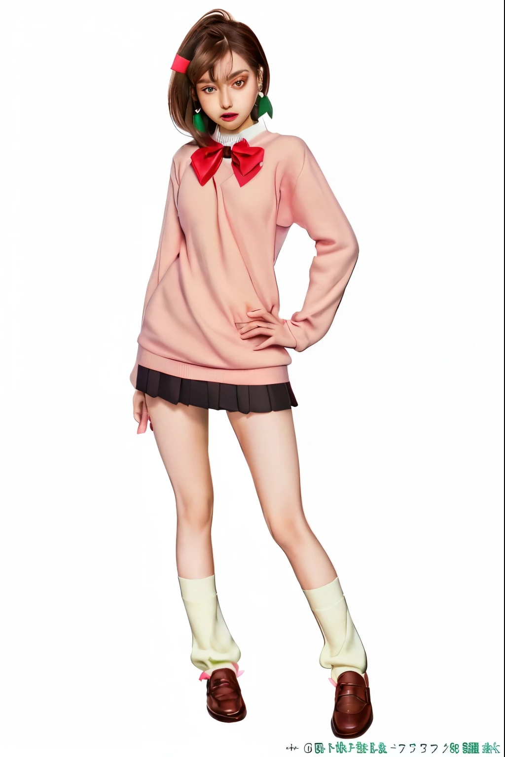 A sharp face,Brown Hair,emerald green earrings,Pink Sweater,Red ribbon,mini skirt,loose socks,Brown loafers best quality,Best details