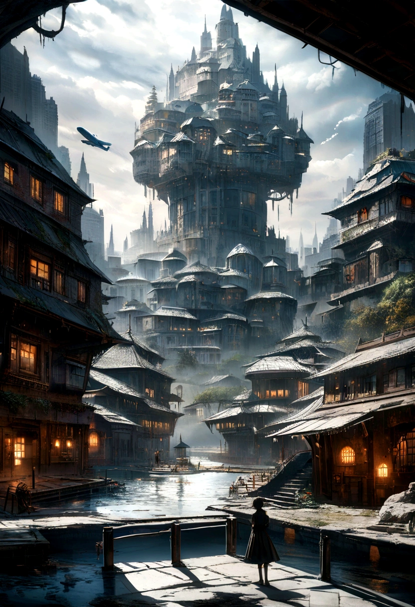 there is a black and white photo of the city with a plane flying over it, black and white matte painting, Atmospheric Shot, dramatic lighting. conceptual art, anime style cityscape, city in the background, Optimistic matte painting, day cityscape, inspired by Hugh Ferris, conceptual art, Cinematic installation frame, conceptual art, conceptual art, conceptual art!, soft focus matte painting