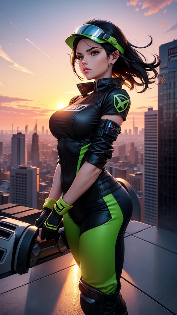 A City with a beautiful sunset with a Wonderful Beautiful Adult Woman with black hair and green eyes and wearing Sneakers, Aerodynamic Jumpsuit, Helmet with visor Gloves with protective pads, jewelry and elbow pads, Short Cover and Logo and Emblem with the Power to fly in just 75% levitating and smoking a cigarette and staring at the camera