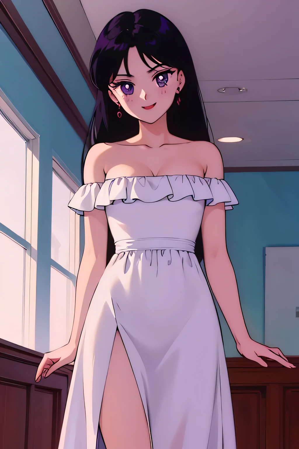 1 girl, solo, Rei Hino, Long Black Hair, Purple eyes, bare shoulders, strapless, off shoulders, white ruffle off the shoulder maxi dress, smile, ballroom, columns, cowboy shot, facing viewer, absurdres, ultra detailed, masterpiece, best quality, Teenager, window of a purple sundown