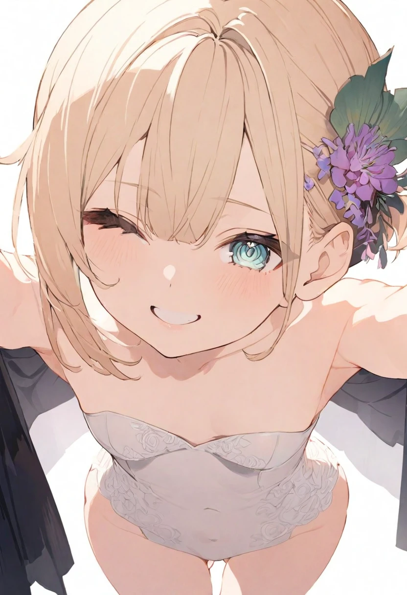 (masterpiece), (best quality), perfect face, beautiful girl, white background background, delicate and beautiful face and eyes, dark intense shadow, 
1 girl, vtuber style, cool girl, hololive, Kazama Iroha, short ponytail, Wedding dress, small chest, cropped shoulders, clavicle, winking, smile, body visible through clothes, chest visible through clothes, ass visible through thighs, (full body), looking at viewer, standing,